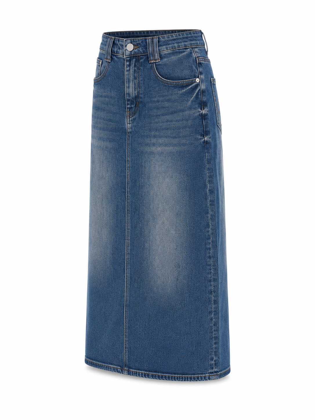 Vintage Wash Denim Midi Skirt for Women Bluedenimmidiskirtonwhite