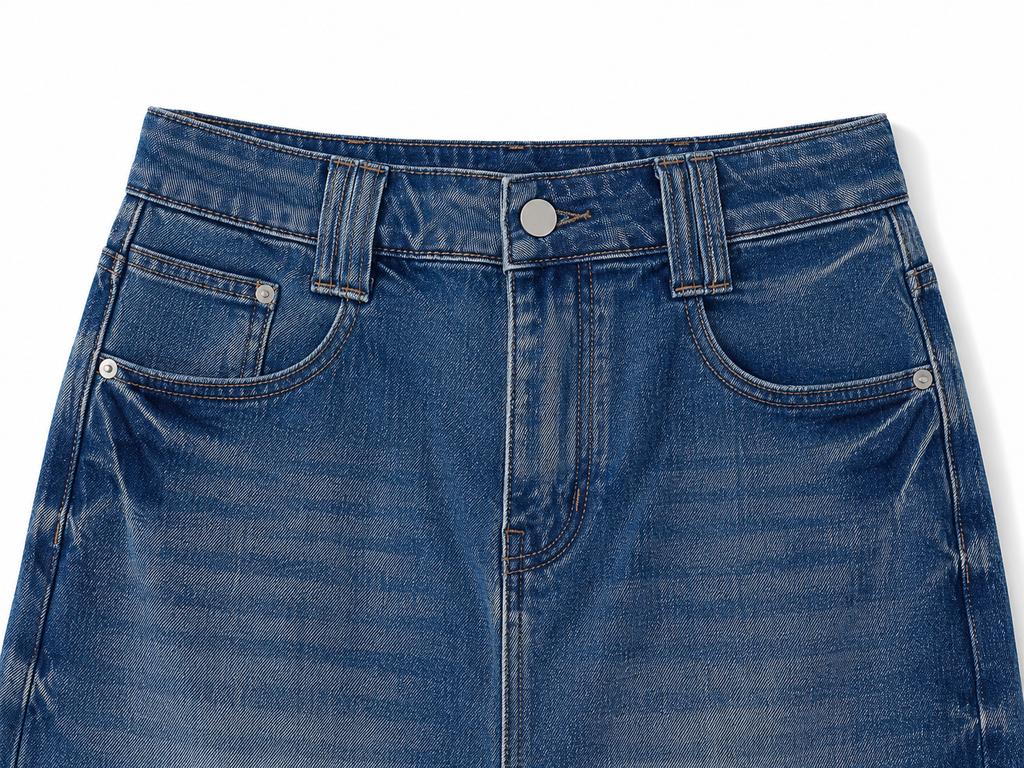 Vintage Wash Denim Midi Skirt for Women Bluedenimskirtwaistlineclose-up