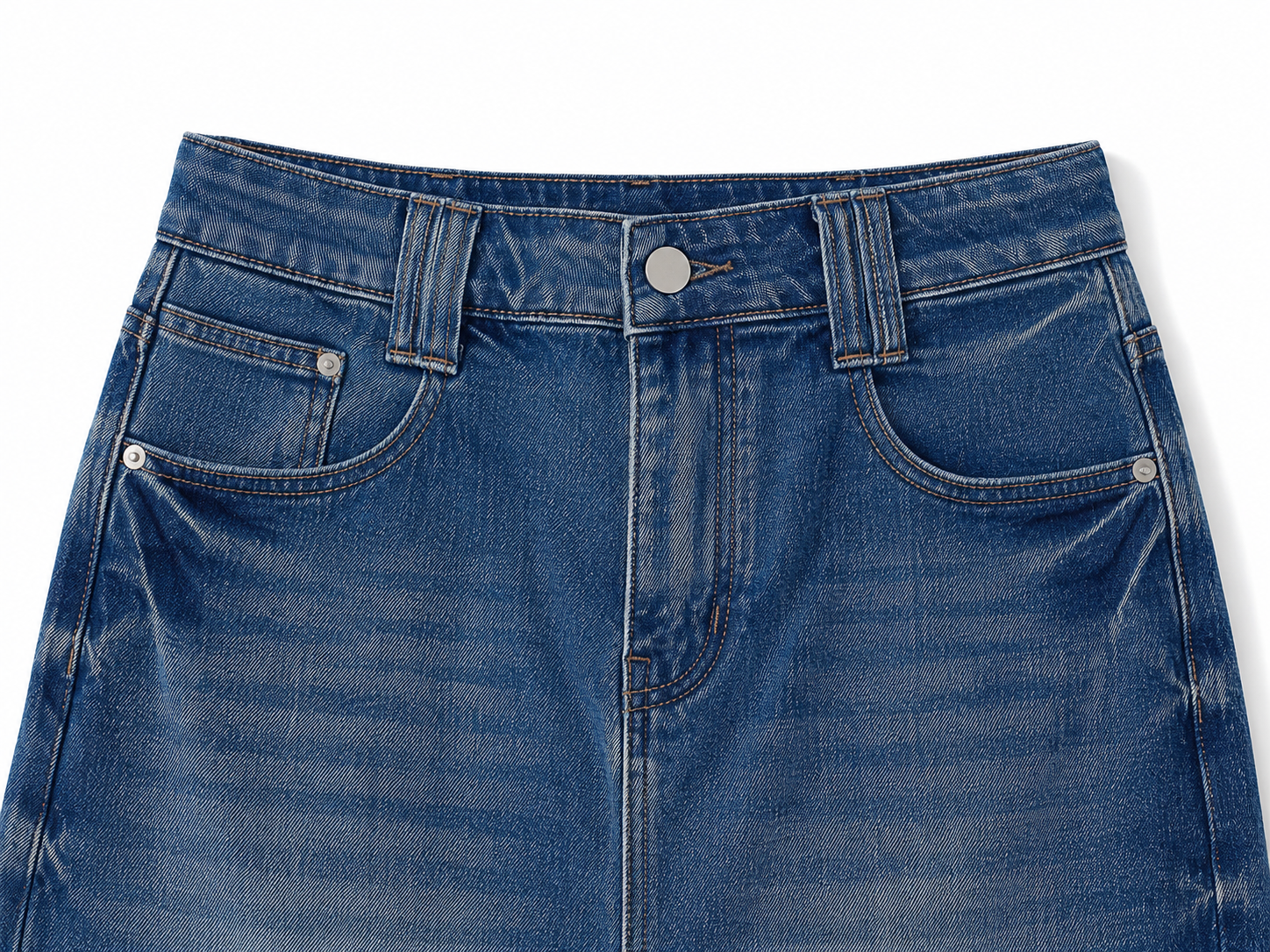 Vintage Wash Denim Midi Skirt for Women Bluedenimskirtwaistlineclose-up