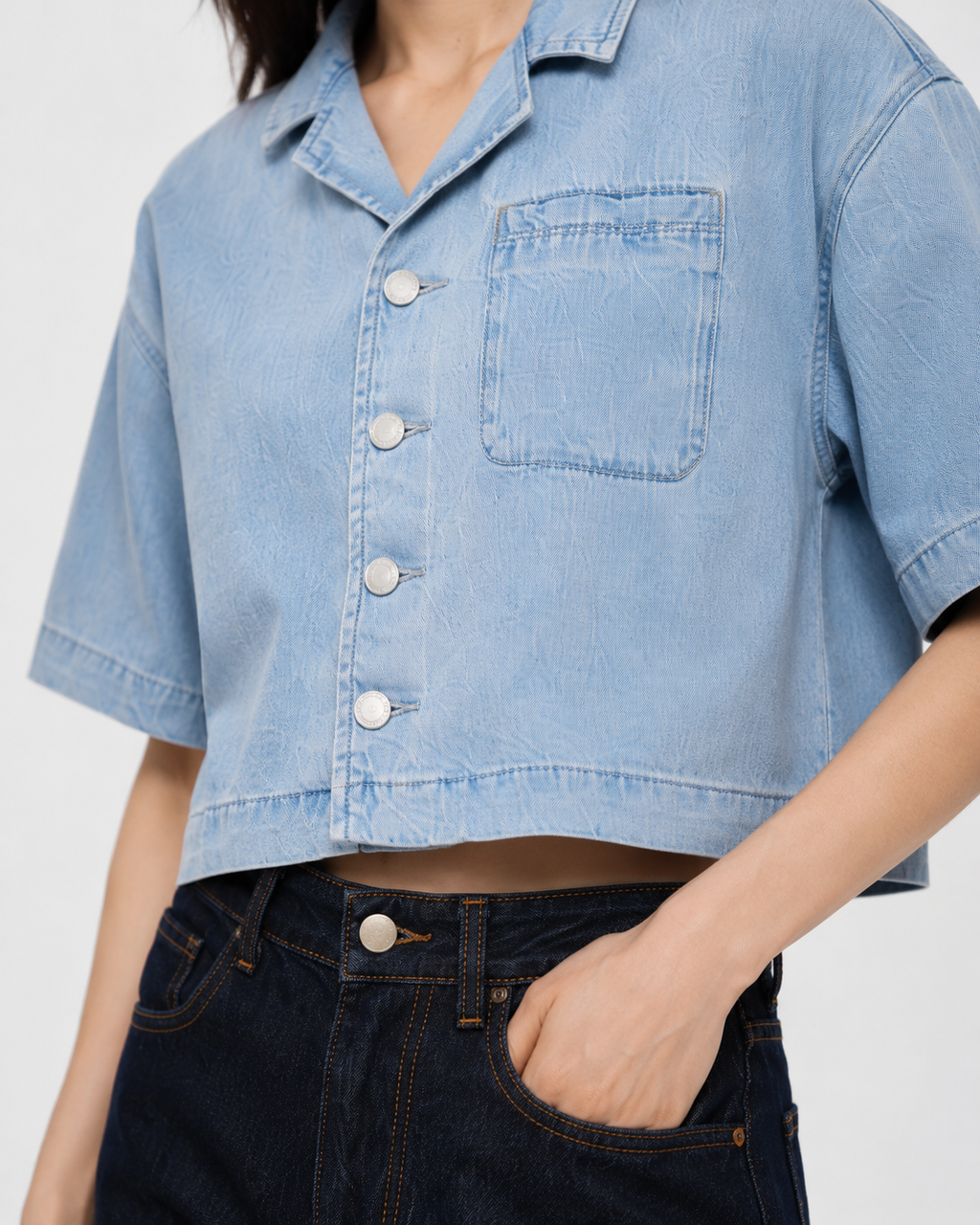 Vintage Wash Boxy Cropped Lyocell Shirt for Women Casual_denim_style_close-up_portrait