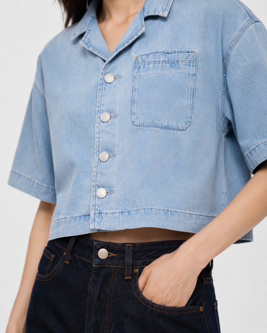 Vintage Wash Boxy Cropped Lyocell Shirt for Women Casual_denim_style_close-up_portrait