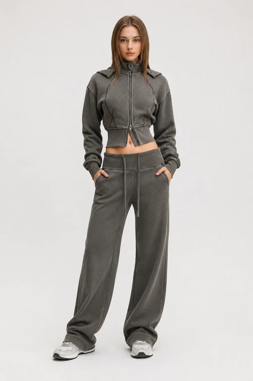 Vintage Washed Cropped Fleece Hoodie for Women Casualathleisureportraitingray
