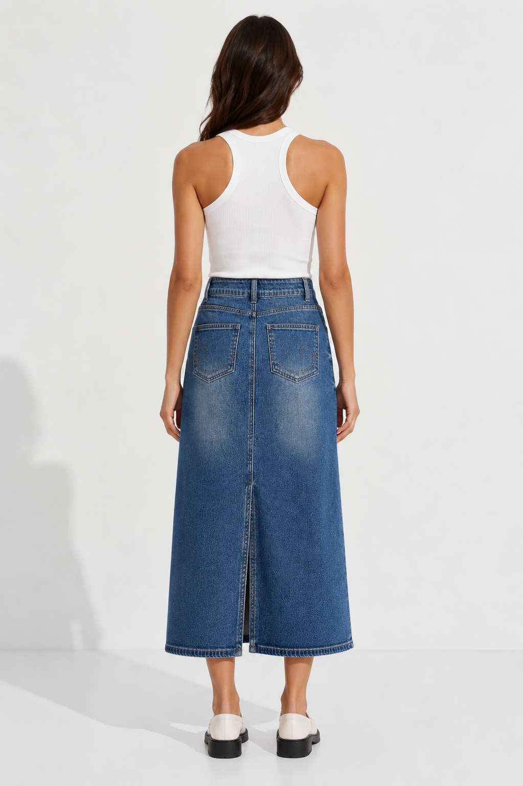 Vintage Wash Denim Midi Skirt for Women Casualdenimandwhiteensemble
