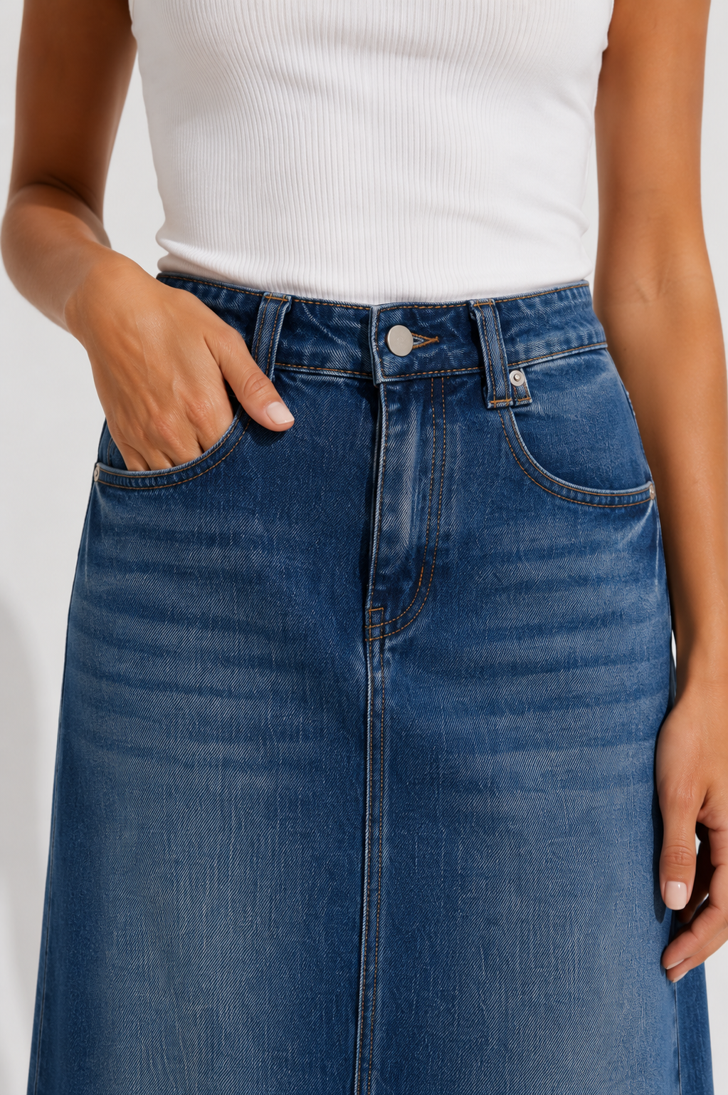 Vintage Wash Denim Midi Skirt for Women Casualdenimandwhitetopoutfit