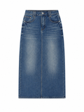 Vintage Wash Denim Midi Skirt for Women Jeans Blue Denimskirtflatlayphoto