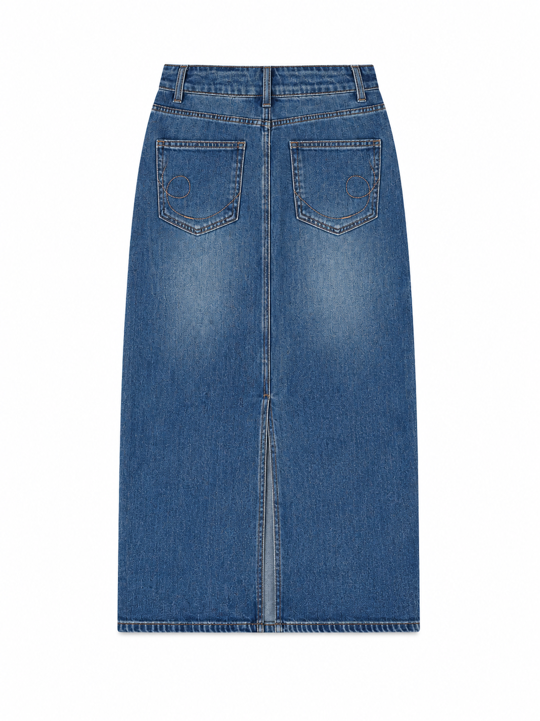 Vintage Wash Denim Midi Skirt for Women Denimskirtwithbackslitdetail
