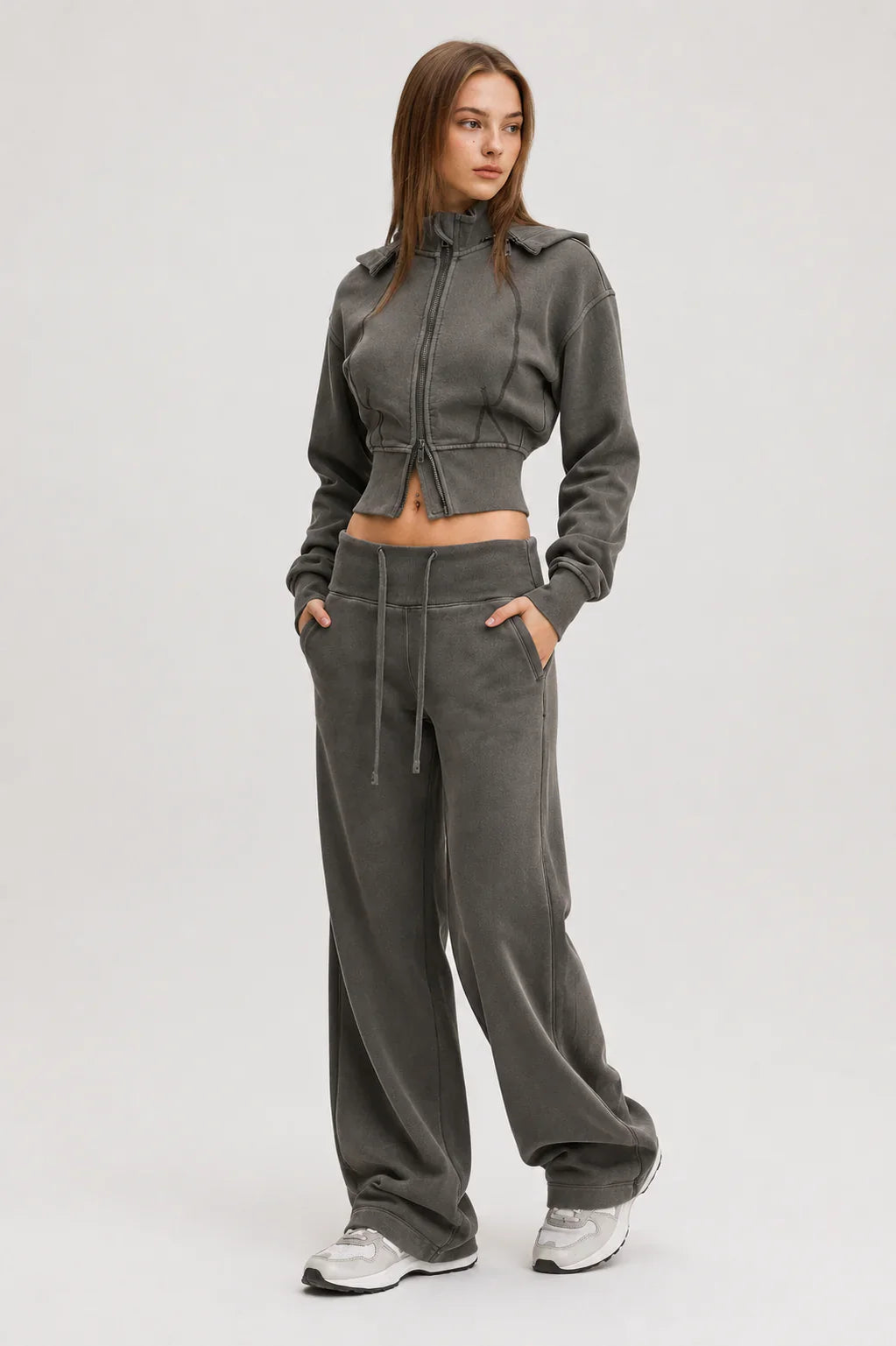 Vintage Washed Cropped Fleece Hoodie for Women Effortlessathleisurestyleinstudioshoot