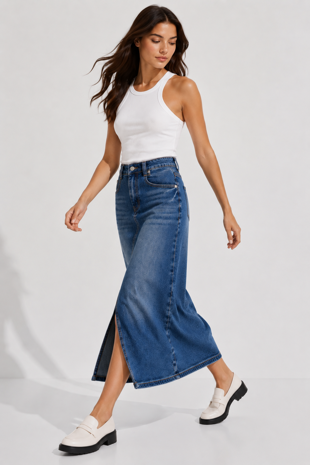 Vintage Wash Denim Midi Skirt for Women Elegantmotioninminimalstudiosetting