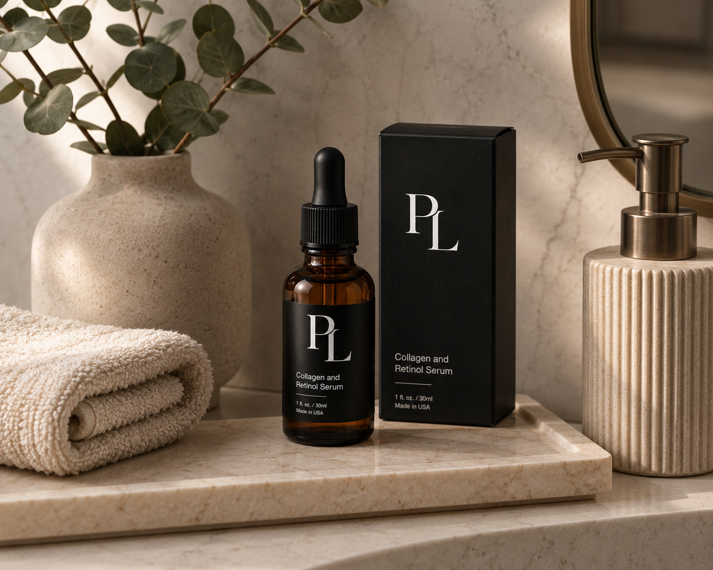 Collagen & Retinol Serum | Firming & Hydrating Formula Luxury_skincare_still_life_arrangement