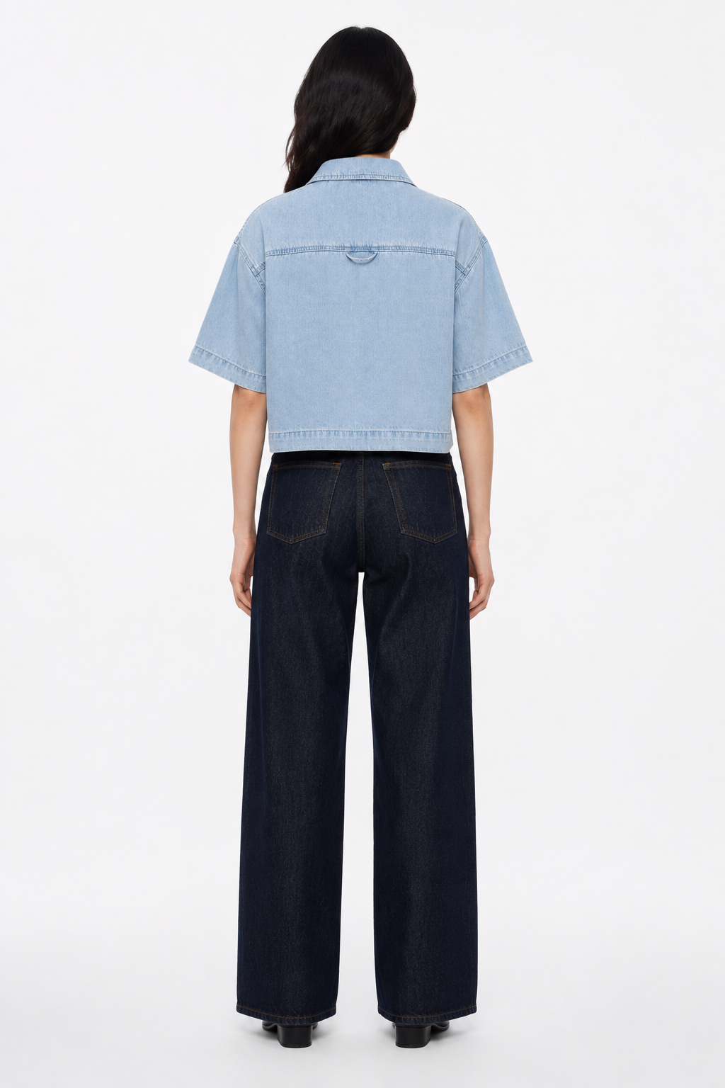 Vintage Wash Boxy Cropped Lyocell Shirt for Women Minimal_denim_outfit_with_wide-leg_jeans