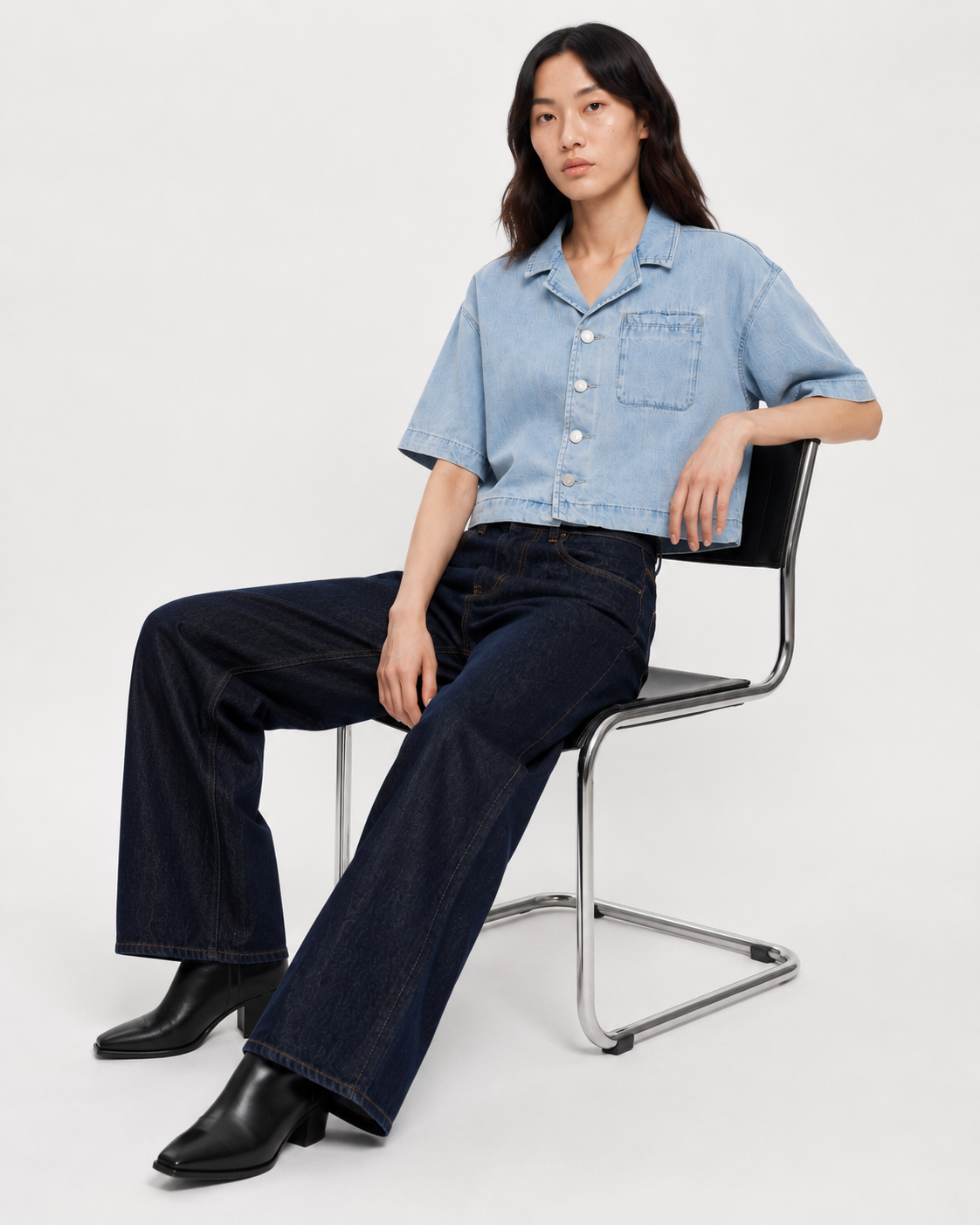Vintage Wash Boxy Cropped Lyocell Shirt for Women Minimalist_fashion_pose_in_denim