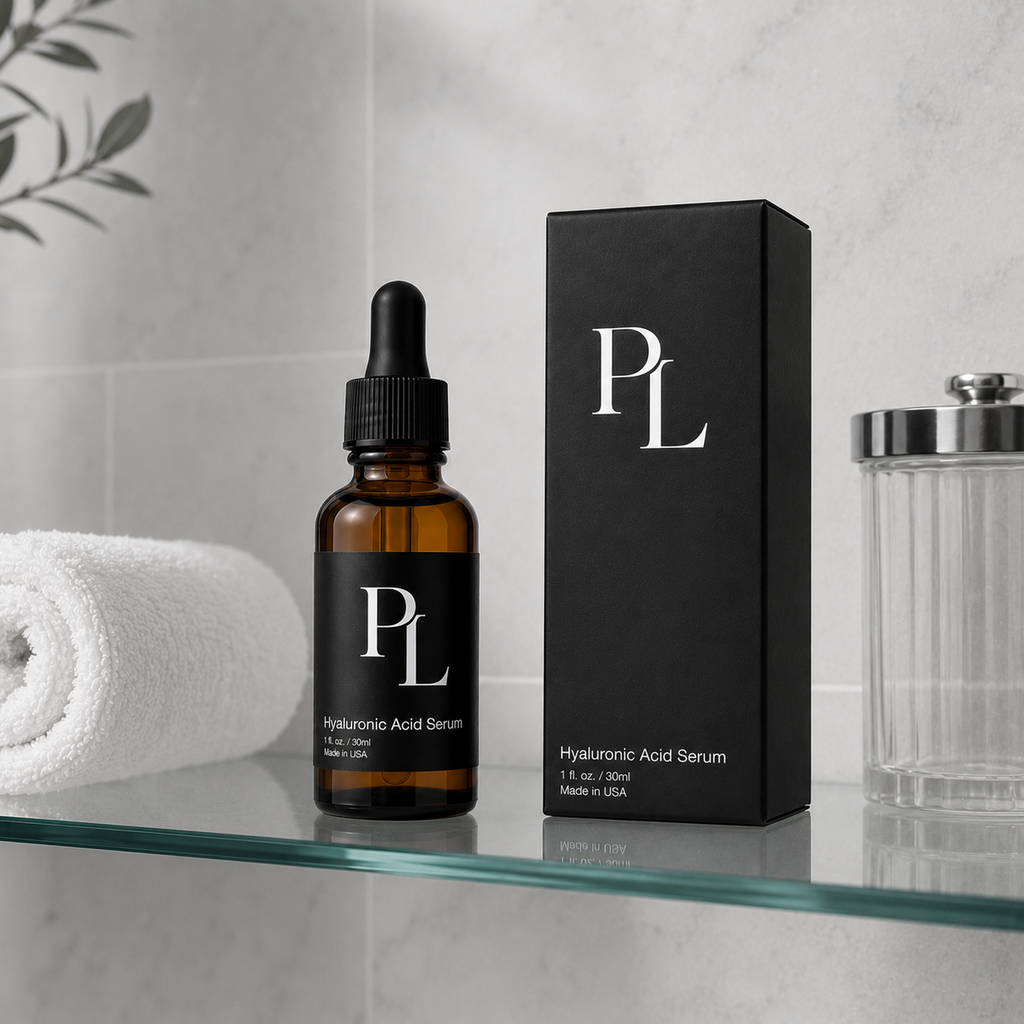 Hyaluronic Acid Serum | Deep Hydration & Plumping Formula Minimalist_skincare_essentials_on_glass_shelf