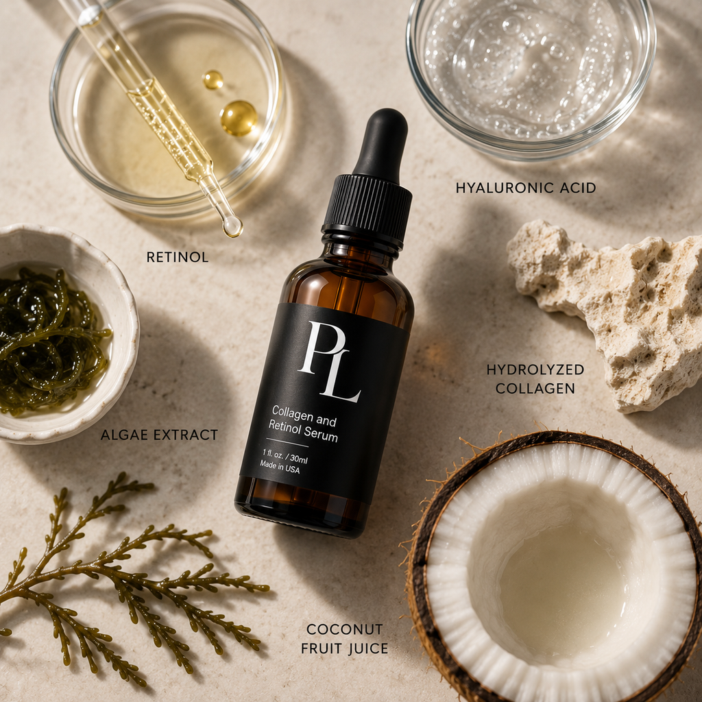 Collagen & Retinol Serum | Firming & Hydrating Formula Minimalist_skincare_ingredients_flat-lay_shot