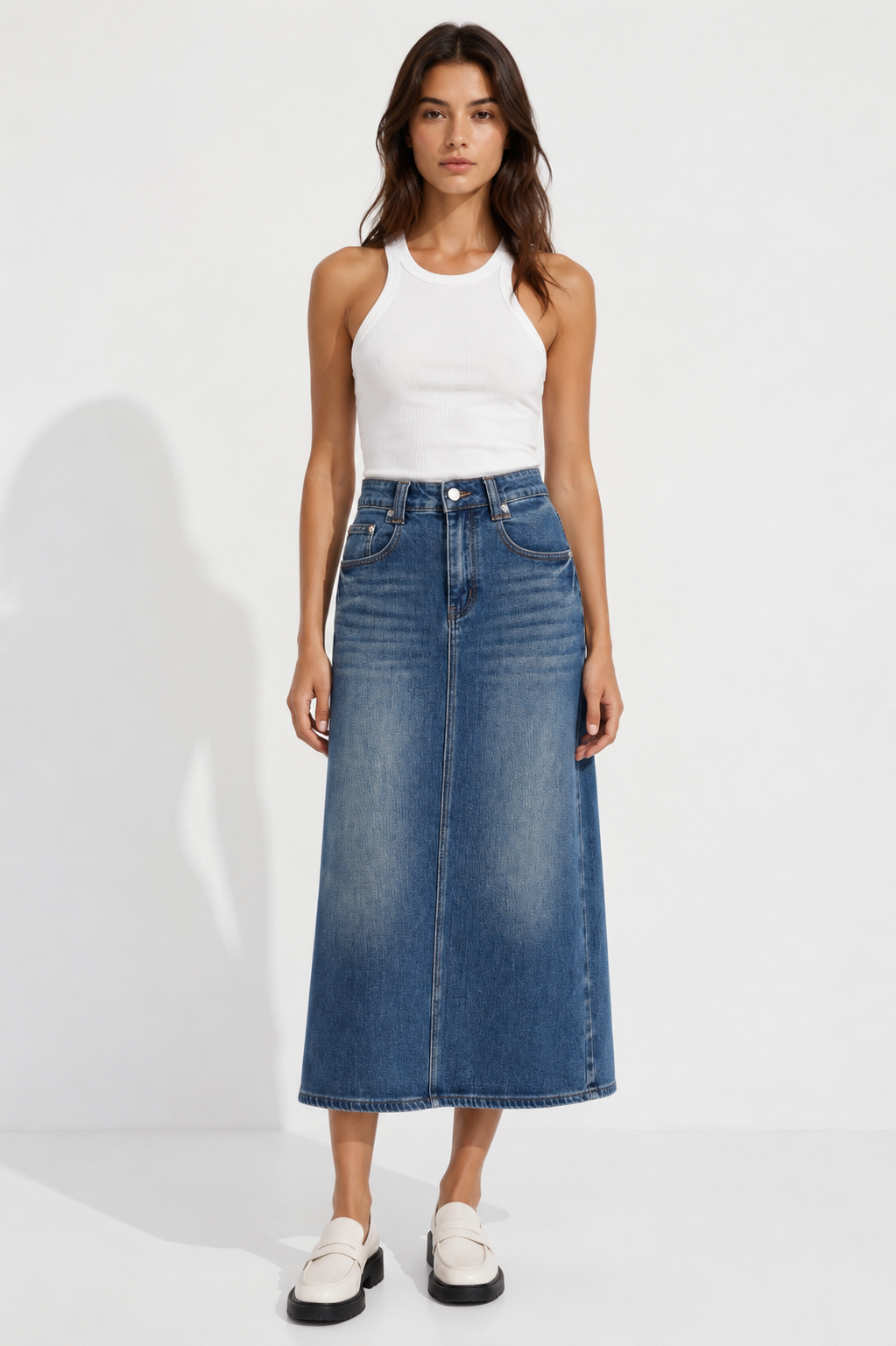 Vintage Wash Denim Midi Skirt for Women Minimalistfashionportraitwithdenimskirt