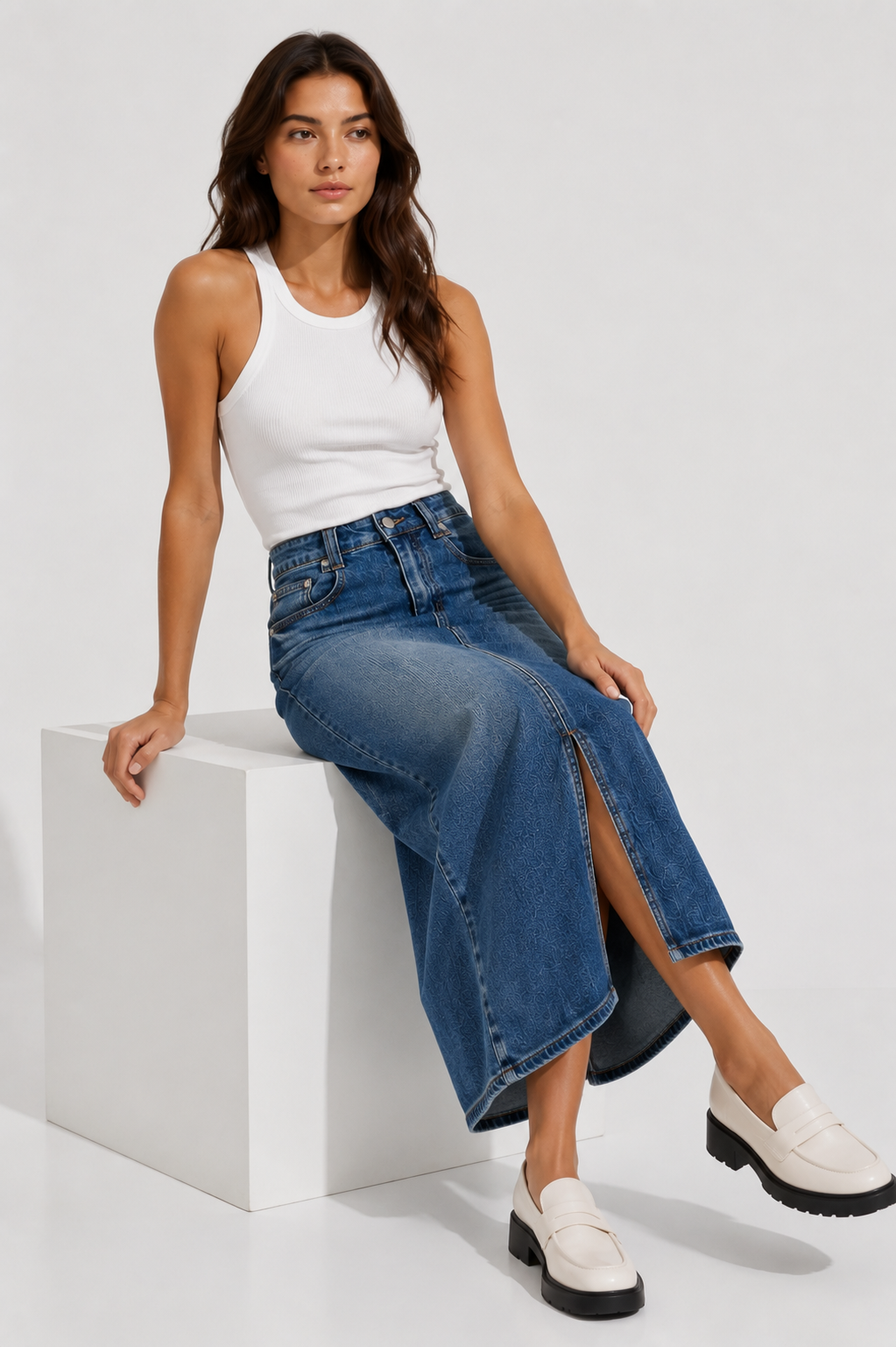 Vintage Wash Denim Midi Skirt for Women Minimalistfashionportraitwithdenimskirt2