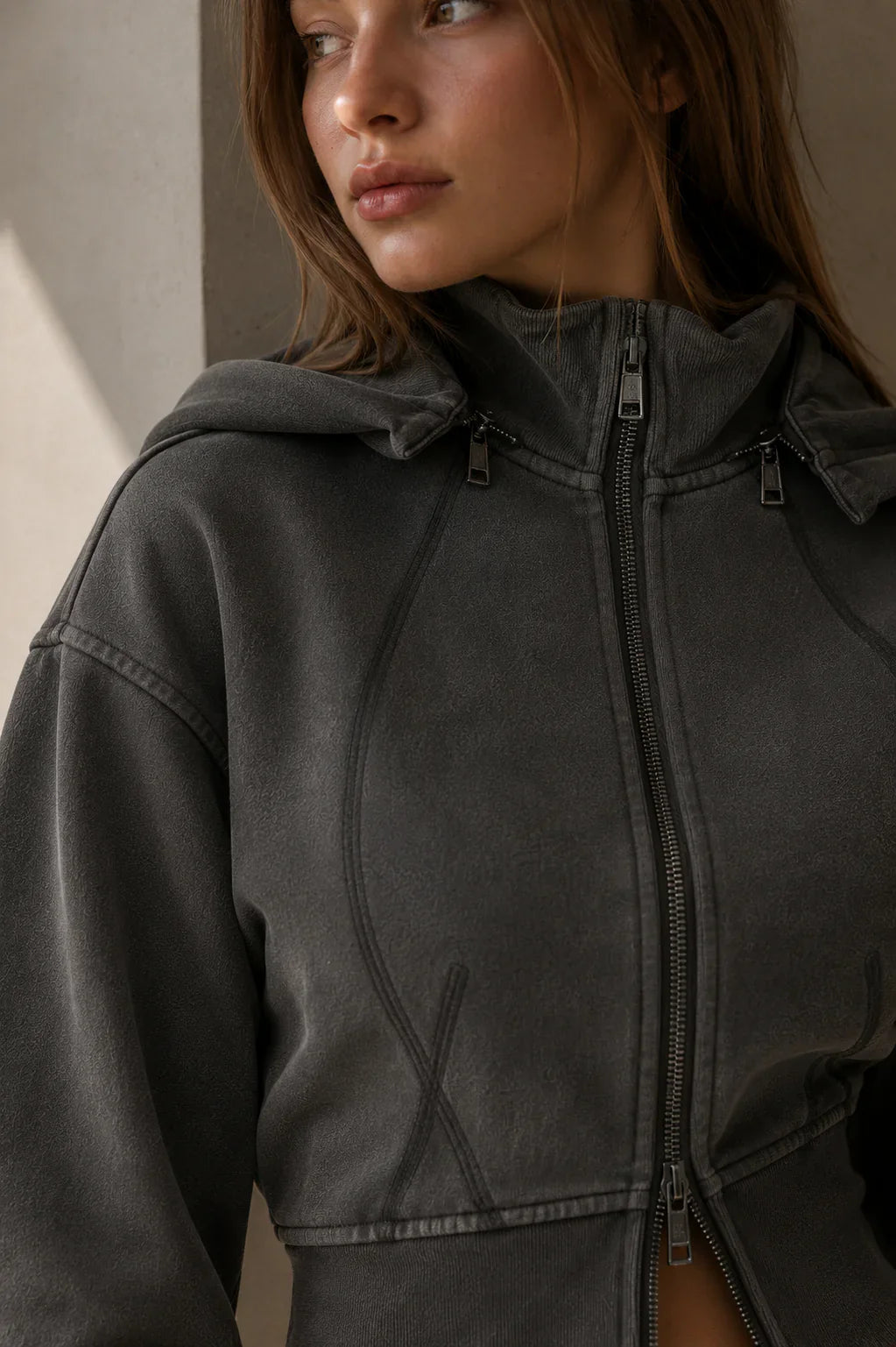 Vintage Washed Cropped Fleece Hoodie for Women Serenefashionportraitwithhoodie