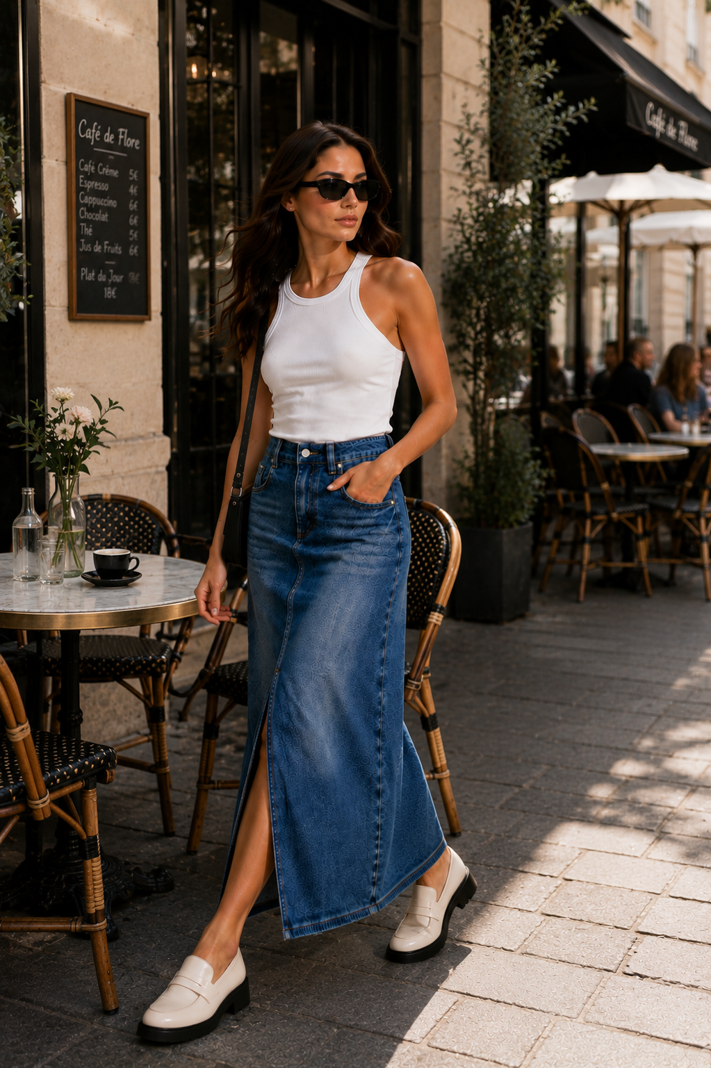 Vintage Wash Denim Midi Skirt for Women StylishstrollbyCafedeFlore