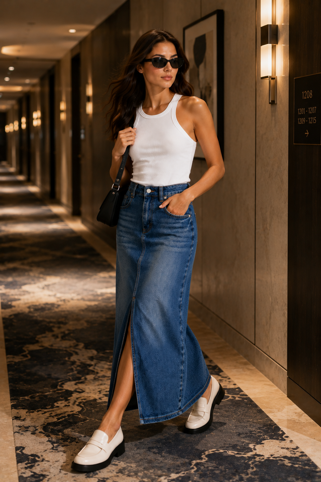 Vintage Wash Denim Midi Skirt for Women Stylishwalkthroughahotelcorridor