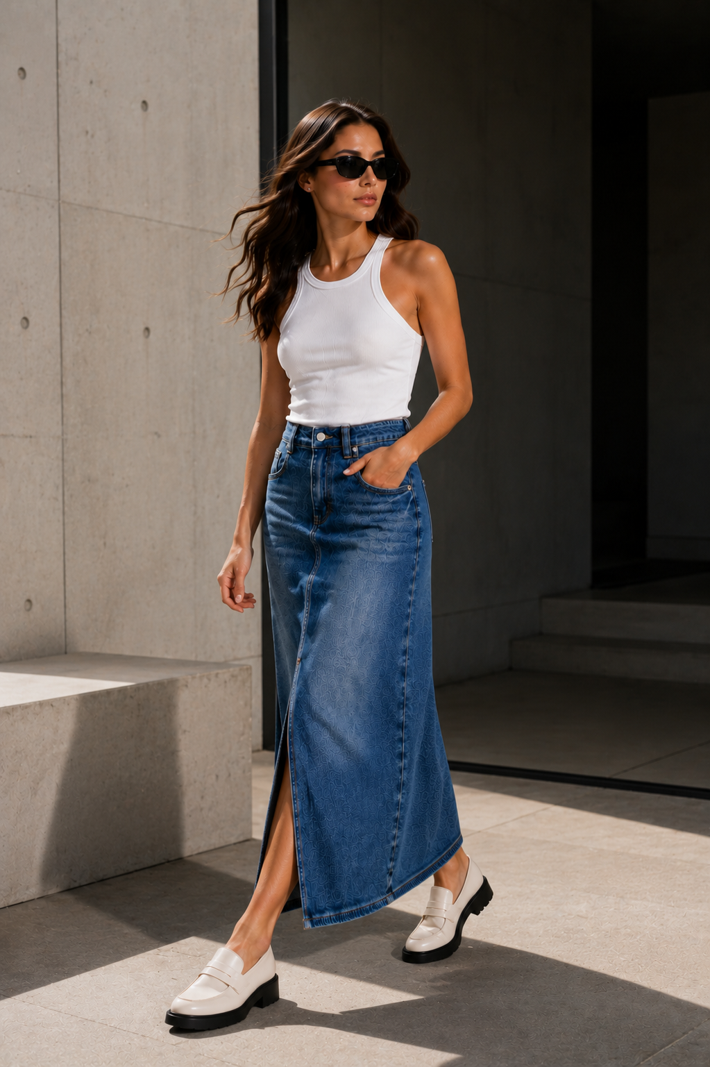 Vintage Wash Denim Midi Skirt for Women Stylishwomaninminimalistconcretespace